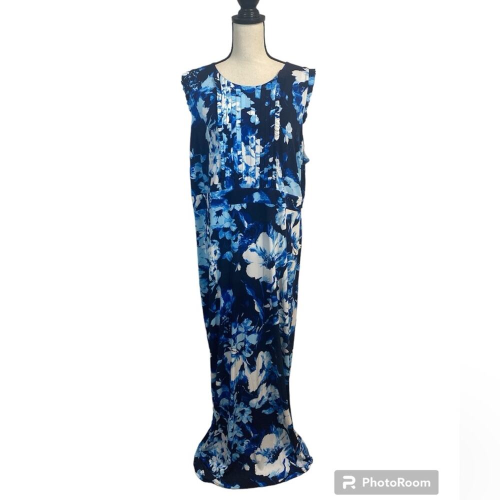 Karl Lagerfeld Paris Pintuck Front Blue Floral Maxi Dress Size XL
